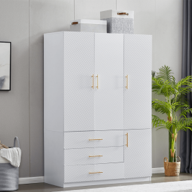 74.2" H 3-Door 3-Drawer White Wood Wardrobe Armoire Closet Modern Freestanding Bedroom Armoire Organizer with Hanging Rod Shelves Clothes Cabinet for