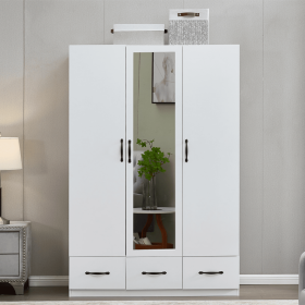 74.2" H Mirror 3 Doors Closet Wardrobe 3 Drawers White Wood Wardrobe Closet Armoire Freestanding Bedroom Closet Cabinet Armoire with Hanging Rod Woode