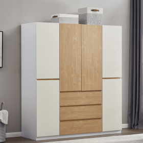 74.8" H 4 Doors 3 Drawers White Wood Wardrobe Closet Armoire, Freestanding Bedroom Wardrobe Cabinet Armoire with Hanging Rod
