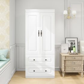 74.2" Tall 2 Doors Wardrobe Closet 2 Drawers Wood Bedroom Closet Wardrobe Armoire Cabinet White Freestanding Wardrobe Cabinet with Hanging Rod (Color: YG-3)